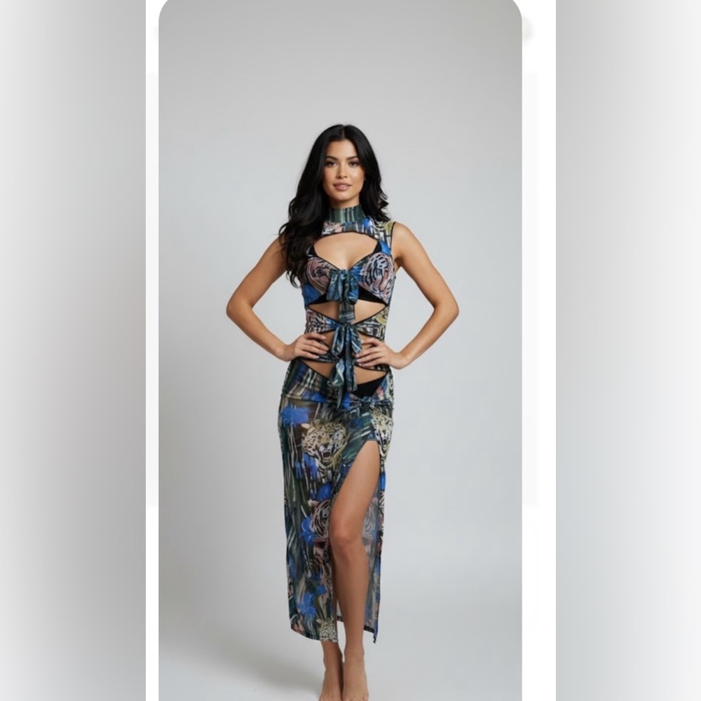 Halfheart. Blue and White Sheath Dress with Mandarin Collar and Slit
